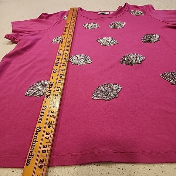 quacker factory 2x Pick Cotton T-Shirt Silver Sequins Sea Shells Short Sleeve - Picture 4 of 5
